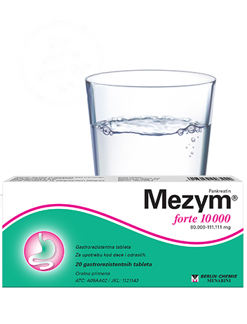 Slika proizvoda Mezym® forte 10000 i čaša vode